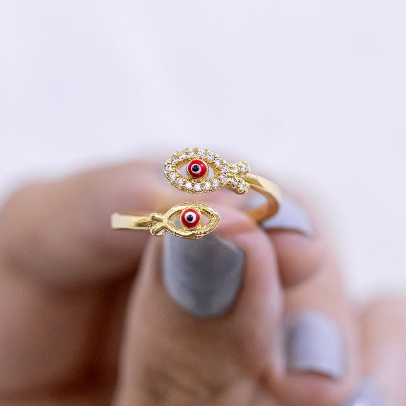 #AOL104 - Anillo Ajustable De Pez/Ojo Turco De Oro Laminado De 18k