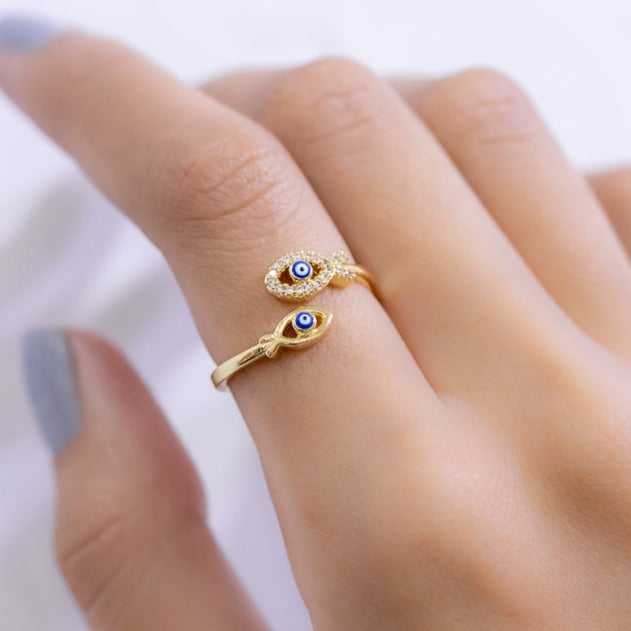 #AOL104 - Anillo Ajustable De Pez/Ojo Turco De Oro Laminado De 18k