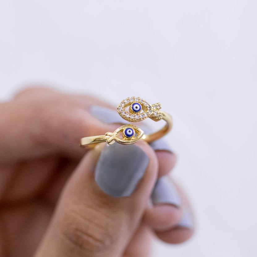 #AOL104 - Anillo Ajustable De Pez/Ojo Turco De Oro Laminado De 18k