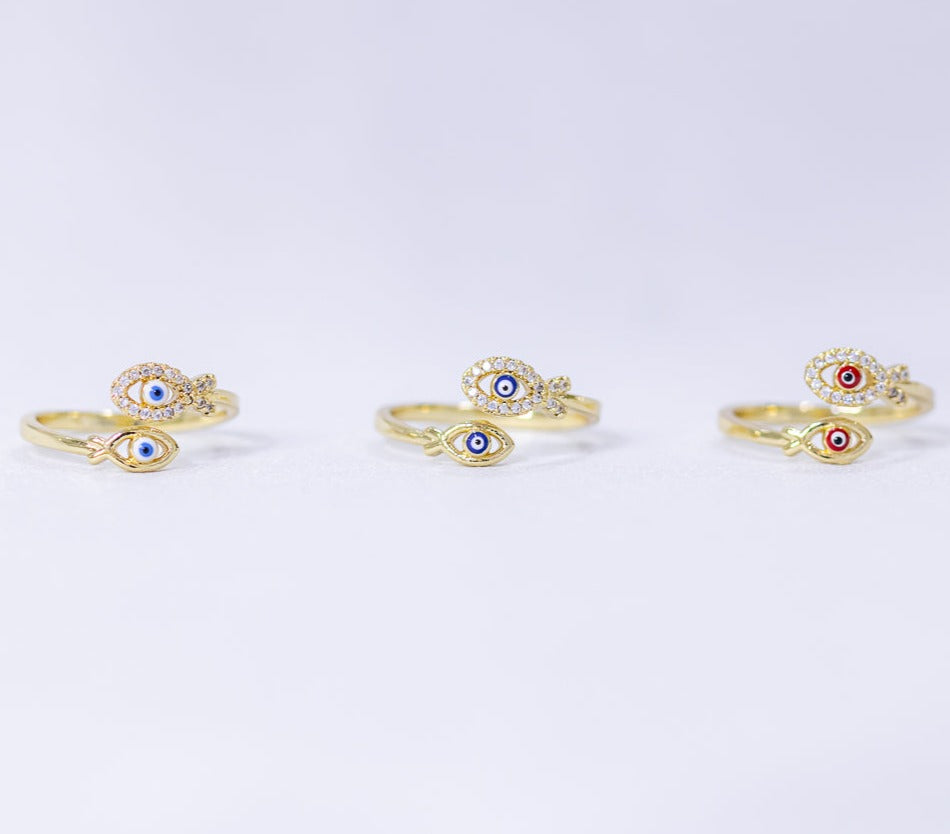 #AOL104 - Anillo Ajustable De Pez/Ojo Turco De Oro Laminado De 18k