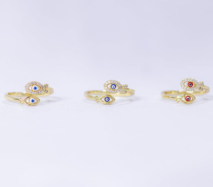 #AOL104 - Anillo Ajustable De Pez/Ojo Turco De Oro Laminado De 18k