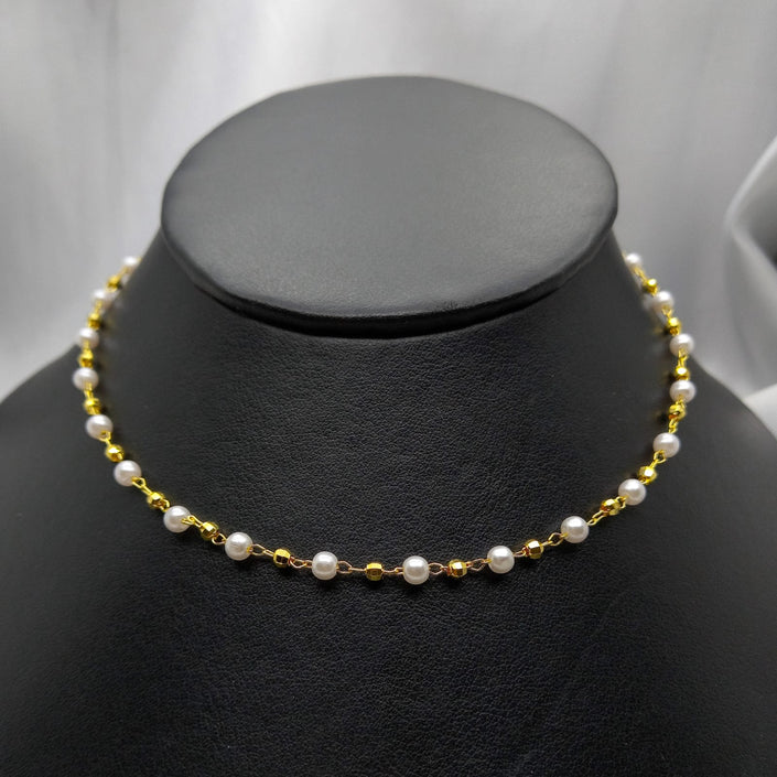 #GOL119 - Gargantilla De Perlas Y Bolitas Diamantadas De Oro Laminado De 18k