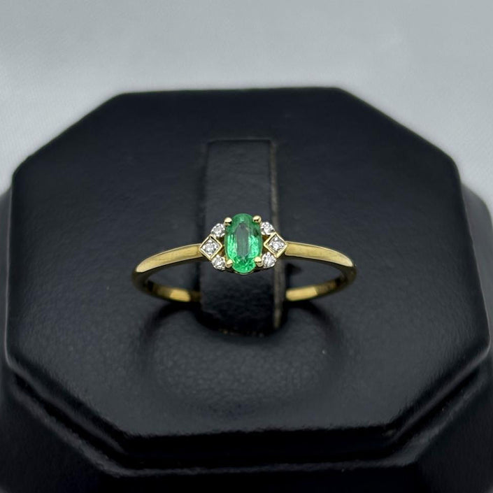 #ADX14105 - Anillo Con Diamante Natural Y Esmeralda Oval Oro 14K - TX255