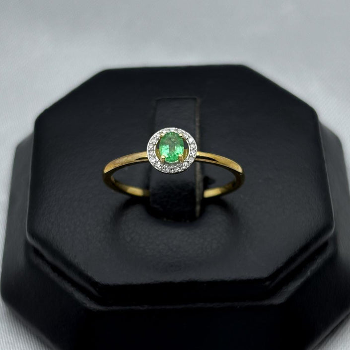 #ADX14108 - Anillo Solitario Con Diamante Natural Y Esmeralda Oro 14K - TX295