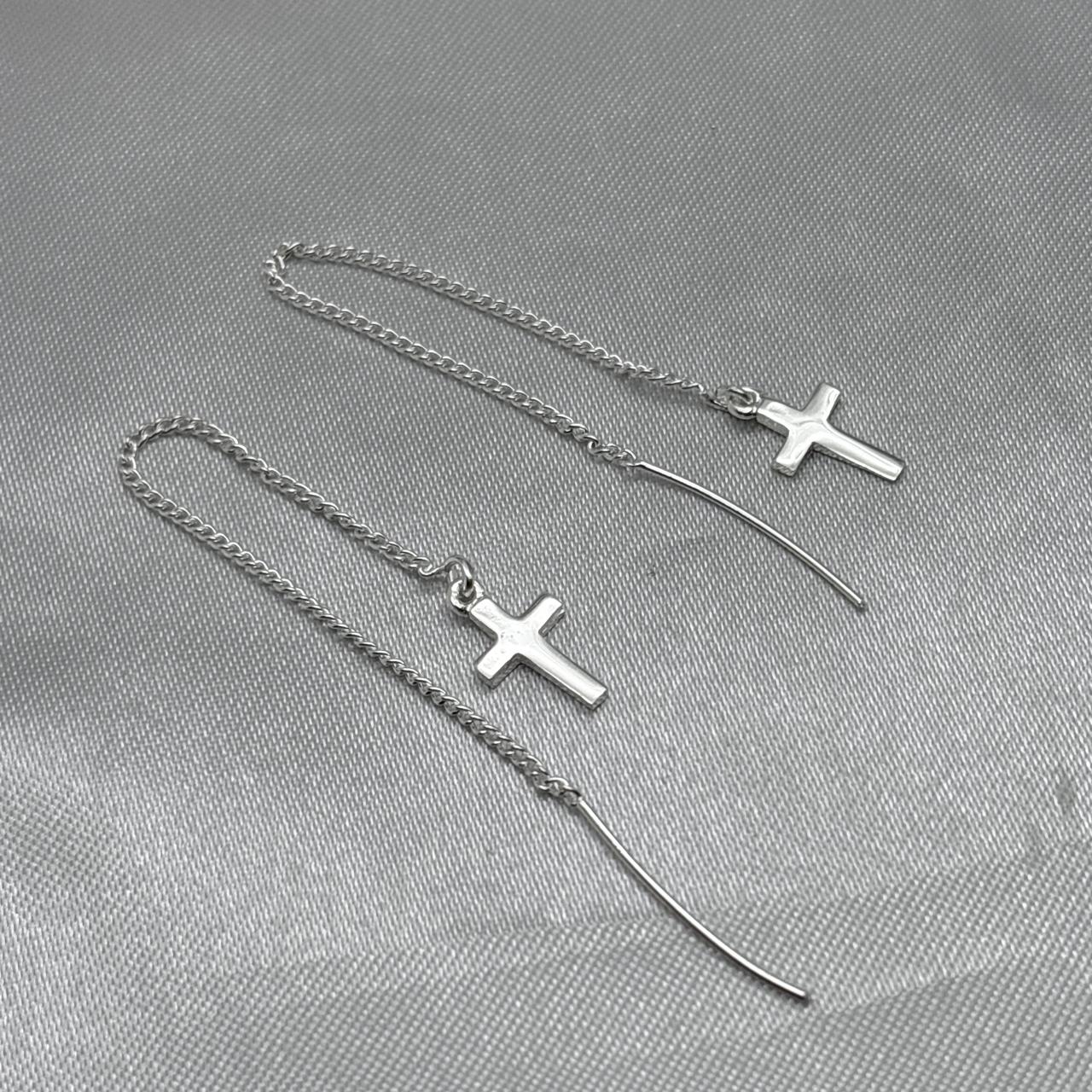 #AR163 - Arete Largo Con Cruz Plata - VA1.9