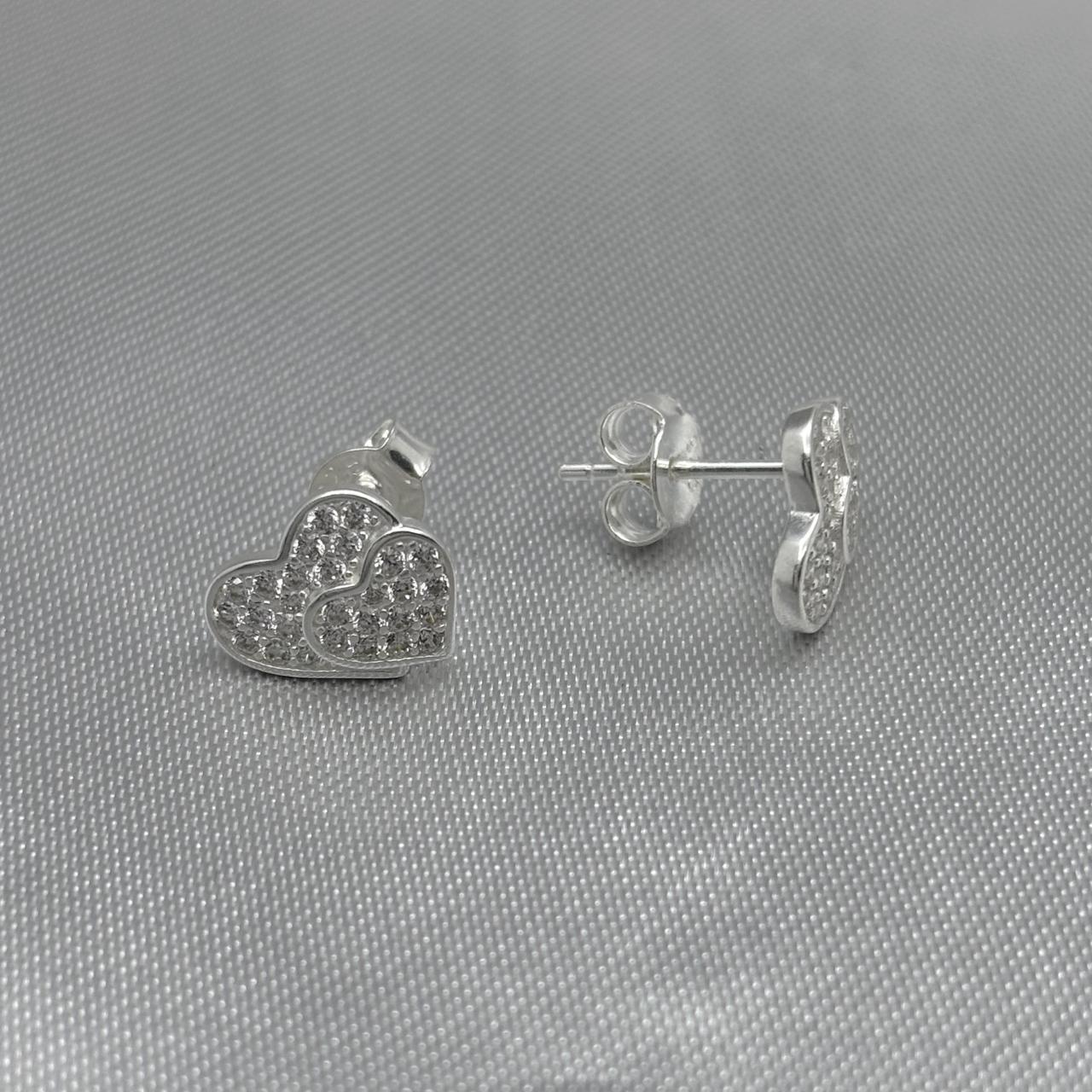 #BR110 - Broquel Doble Corazón Con Piedra Zirconia Plata - LL1.8