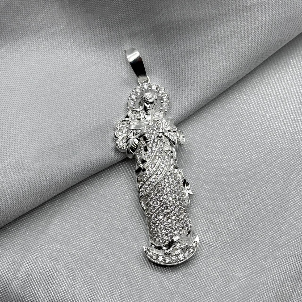 #D361 - Dije Virgen María Desatadora/Desatanudos Con Piedra Zirconia Plata - LL7.4