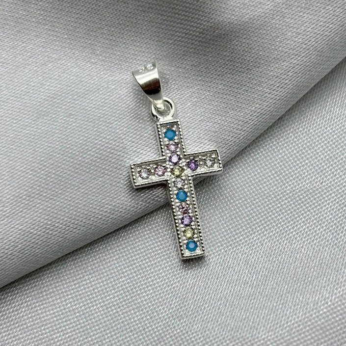 #D412 - Dije Cruz Con Piedra Zirconia Multicolor Plata - ZC2.1