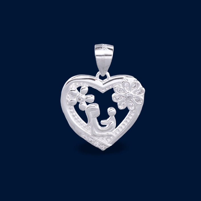 #D430 - Dije Corazón Mamá Y Hijo/a Flor Y Piedra Zirconia Baño Rodio Plata - IP2.3