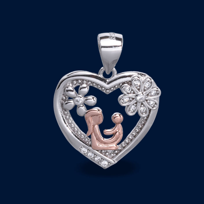 #D430 - Dije Corazón Mamá Y Hijo/a Flor Y Piedra Zirconia Baño Rodio Plata - IP2.3