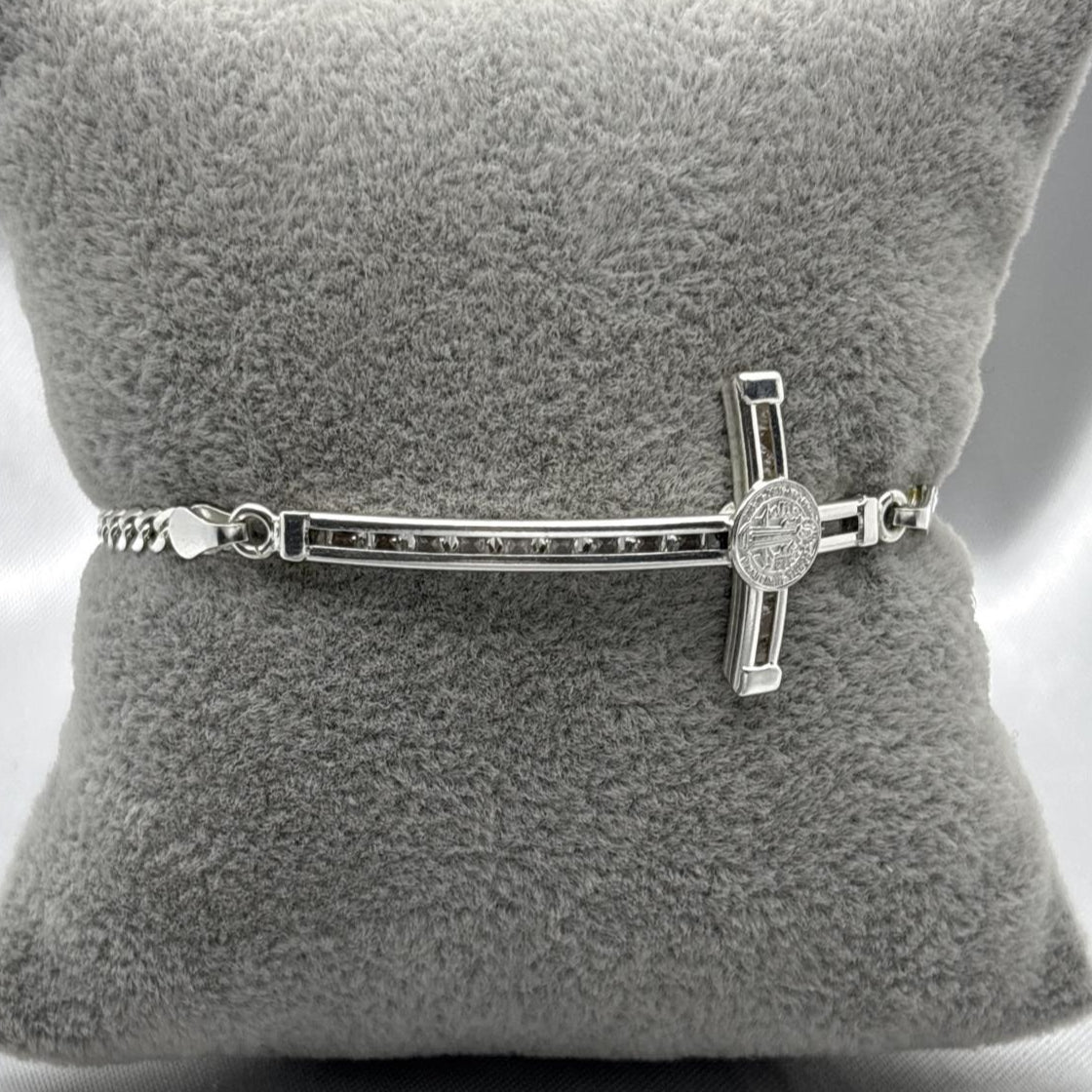 #PA236 - Pulsera Cruz Con Medalla San Benito Plata - ZC6.1