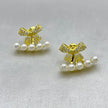 #ARL131 - Arete Doble De Moñito Y Perlas Con Zirconia Oro Laminado 18K