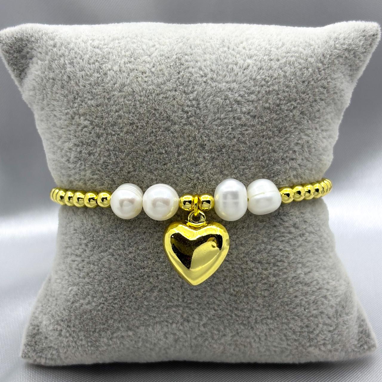 #PAL146 - Pulsera Ajustable Corazón Y Perlas Oro Laminado 18K