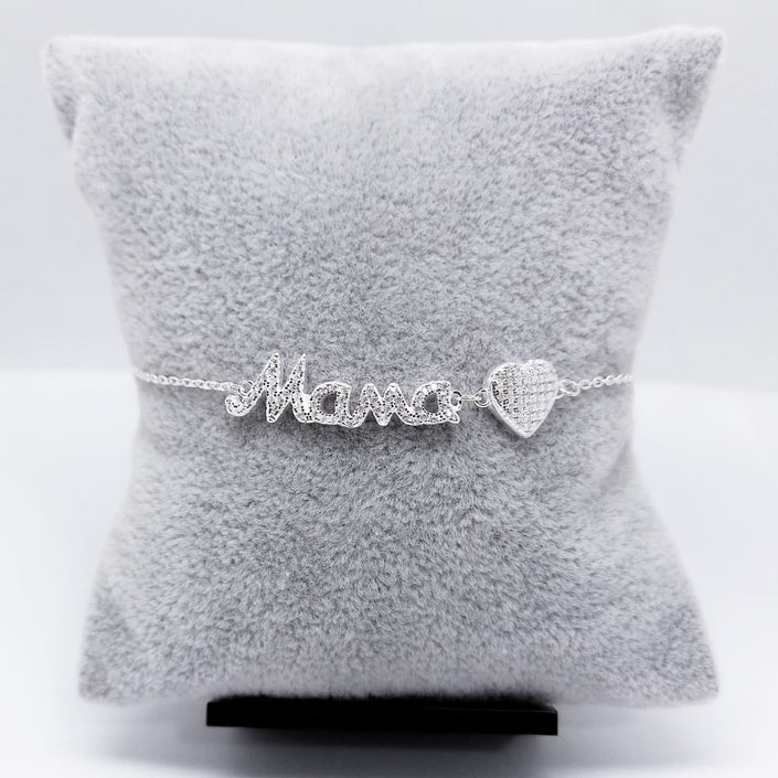 #PA156 - Pulsera De Mamá Y Corazón Con Piedra Zirconia Plata - PU4.1