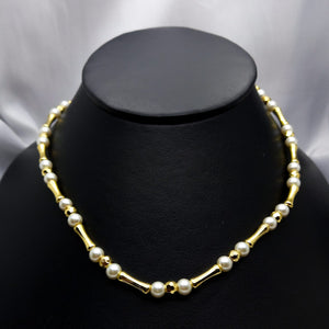 #GOL108 - Gargantilla Perlas, Circulo Diamantado y Bastones De Oro Laminado De 18k
