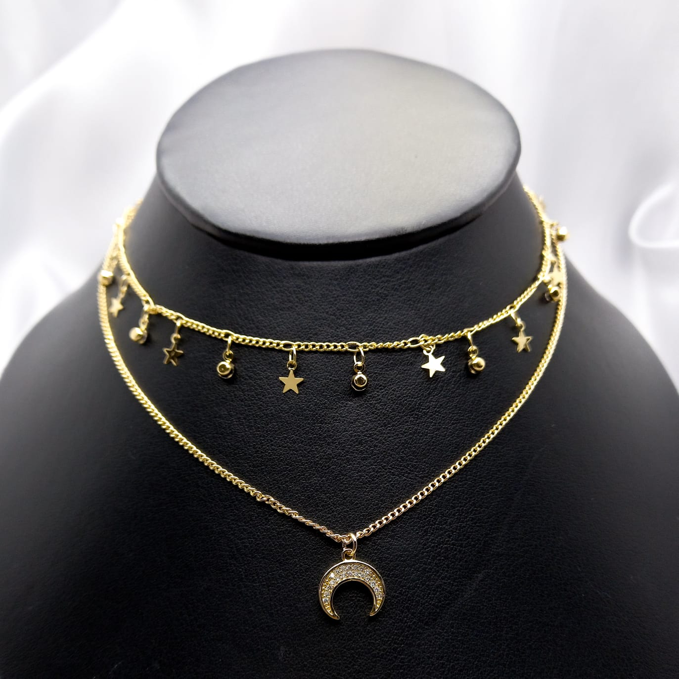 #GOL123 - Gargantilla Estrellas, Piedras Y Luna De Oro Laminado De 18k