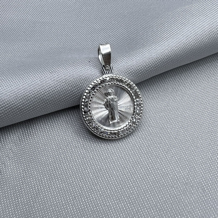 #D565 - Dije De San Judas Tadeo Circular Con Piedra Zirconia Plata - F1.3